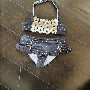 Janie and Jack Charcoal Polka Dot Bikini with Floral Details